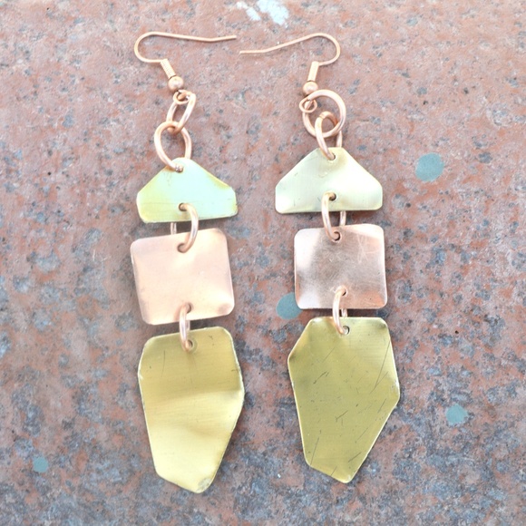 Brass Copper Long Brutalist Statement Earrings - Picture 7 of 13